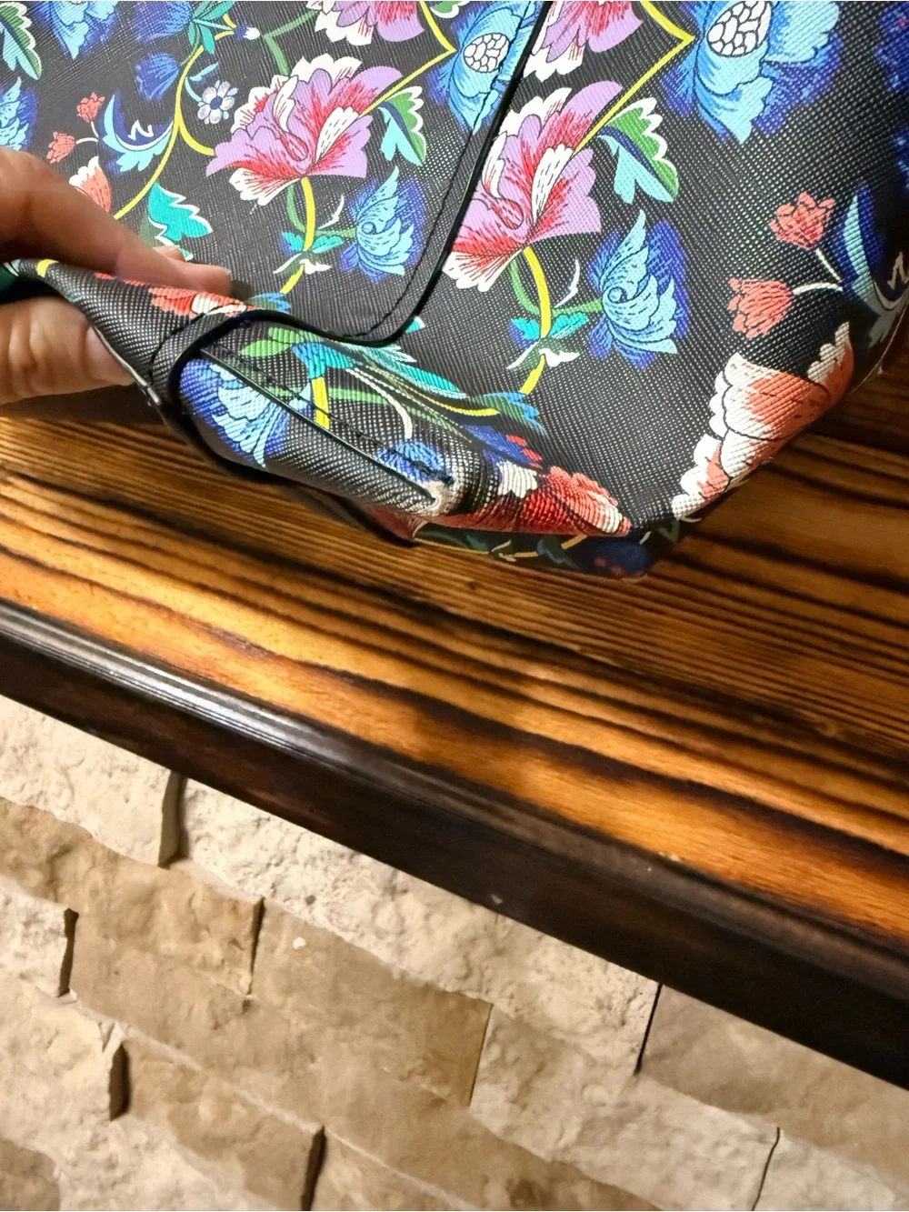 Floral Pattern Black Tote Bag with Blue Accents